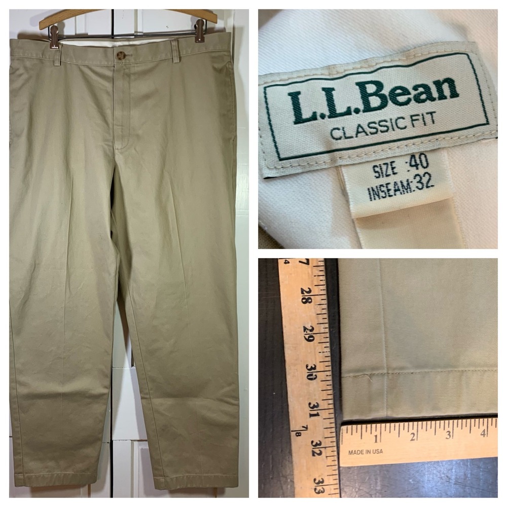 LL Bean Classic Fit Khaki Chino Pants Mens Size 40x32 Cotton Pleated Casual